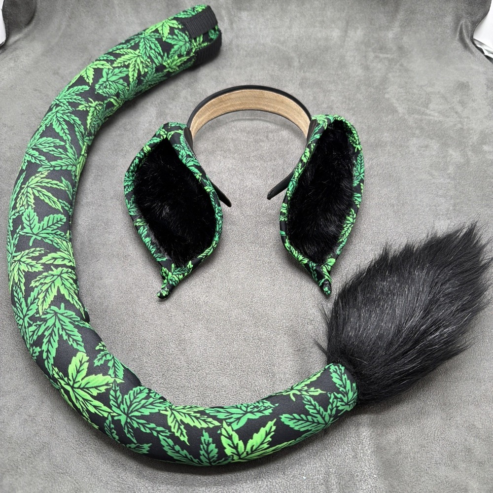 Cosplay Handmade Ears & Tail Green Marijuana Print - Picture 6 of 6